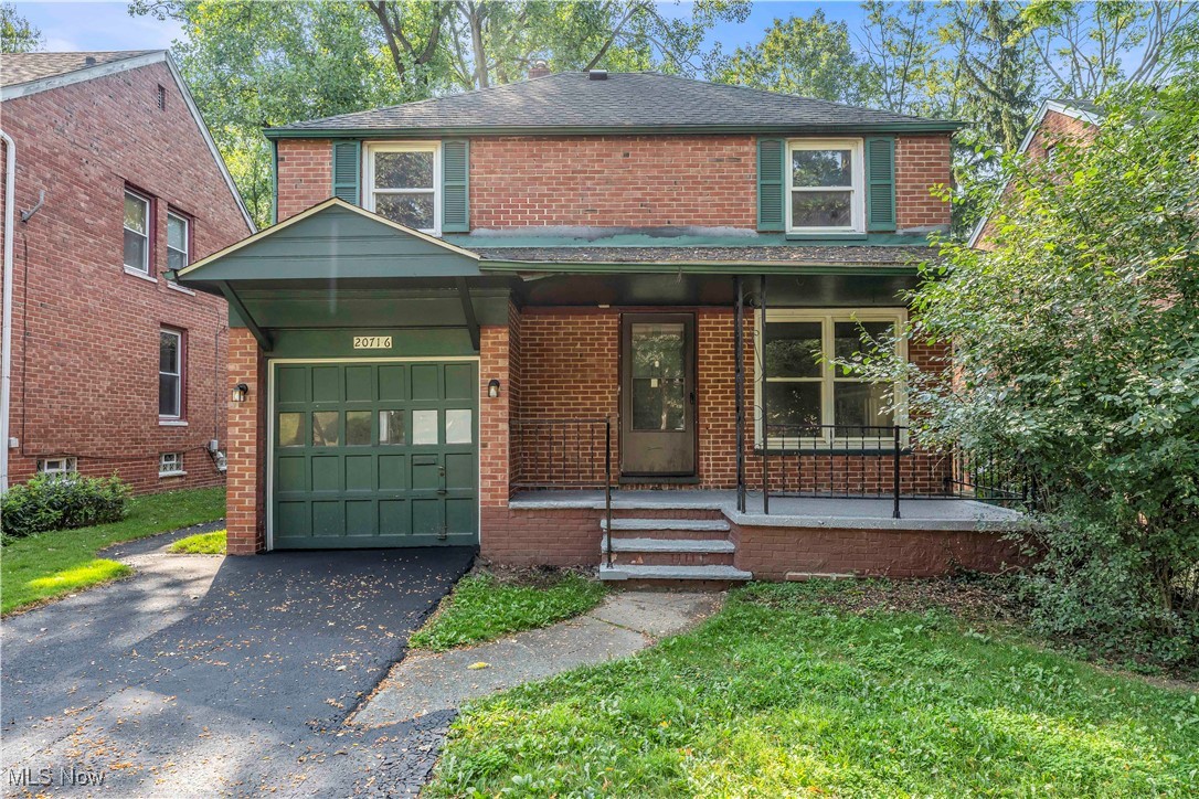 Welcome to this classic brick colonial in Maple Heights, where timeless curb appeal meets modern comfort! The inviting brick façade, green shutters, freshly painted siding, and spacious covered front porch create a warm first impression that carries throughout the home! Step inside to a bright and welcoming living room with fresh neutral paint, brand-new luxury vinyl plank flooring, and a beautiful decorative fireplace with mantle — perfect for cozy evenings or gathering with friends! The updated kitchen is both stylish and functional, featuring open shelving, a modern backsplash, and a dedicated dining area seamlessly integrated for easy mealtime flow! Natural light pours in, highlighting the fresh finishes and creating an inviting atmosphere! At the rear of the home, an additional carpeted room offers endless possibilities — whether you envision it as a family room, home office, or creative space, it’s ready to adapt to your needs! The main level also has a convenient half bath! Upstairs, you’ll find three comfortable bedrooms, each with brand-new luxury vinyl plank flooring and a clean, airy feel! The updated full bathroom boasts a new vanity, toilet, and professionally glazed tub, blending modern style with lasting quality! The lower level offers even more functional space, with a freshly painted basement featuring built-in shelving for organization, laundry area, and plenty of room for storage or hobbies! Step outside to a large, private backyard framed by mature trees — perfect for gardening, relaxing on the patio, or hosting summer barbecues! A storage shed adds convenience for keeping outdoor gear tucked away! Situated near local favorites like Stafford Park, Southgate USA Shopping Center, and Maple Heights Lanes, this home offers the perfect mix of charm, updates, and location — ready for you to move in and make it your own!