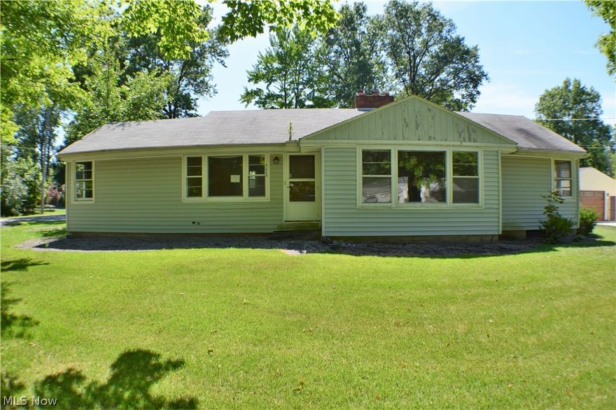 Three bedroom ranch on a large double corner lot. Large living room with fireplace and hardwood floors, kitchen has great cabinet space. Second fireplace in basement. Covered patio , Needs some TLC, but has great potential. Selling as-is. Cash sale only.