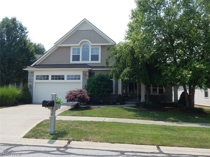 Stunning Newport villa with second floor on premium lot with view of first green and the lake! Open floor plan and beautiful décor, featuring many upgrades including hardwood throughout most of the first floor. Magnificent natural light and picturesque views from expansive windows throughout. First floor offers plenty of living space with great room featuring stone front, gas fireplace; formal dining room; kitchen with dinette area; office; master suite with private, glamour bath; guest bedroom and full bath; and first floor laundry. The second floor is perfect for guests with a bedroom, third full bath and open loft area. The full basement can be readily finished for additional living space, if needed. Enjoy outdoor entertaining on the expanded Trex deck and patio with fire pit. There is a community pool open during the summer, and the clubhouse is available for your next gathering, all situated on a golf course!