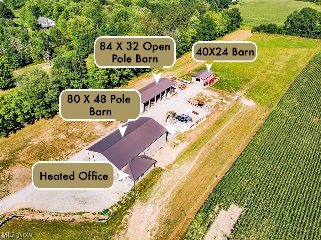 This listing includes 20 acres of land with 3 buildings. A 40X24 Livestock Barn with stall, an 84X 32 OPEN Pole Barn, and a 80X48 Enclosed Pole Barn with 5 large entry garage doors (perfect for large vehicles) heated office and a space plumbed for a bathroom. There is electric running into the enclosed pole barn but it does not have water. Buyer would have to put in well and septic.
