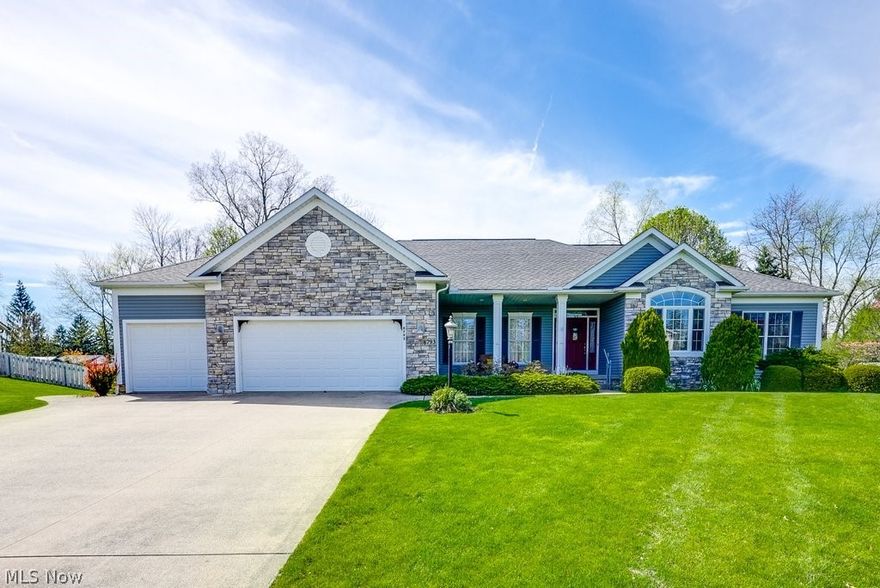 Welcome Home to this lovingly maintained 3 bedroom/3 full bath/3 car garage home in beautiful Waterford Estates in Streetsboro. Sit on the covered front porch and wave to neighbors as they walk by or savor your privacy in the serene back sunroom. Enjoy sunshine and summer days on the attached patio off of the sunroom. Inside the home you will find a private primary bedroom suite on one side of the house and the other bedrooms and bath on the opposite side. The office has French doors, amazing natural sunlight and you can entertain in your bright and open dining room, both rooms with hardwood floors. The large great room has a gas stone fireplace, tall, gorgeous windows and vaulted ceilings. The eat in kitchen, first floor laundry and many large closets complete the first-floor living. Downstairs you will find the third full bathroom, cabinetry for your storage needs and a work bench for all of your projects. The home also has a water filtration system. The basement is over 2200 square feet of unfinished space with endless possibilities. All appliances will stay with the home-new Hot water tank in 2023.
