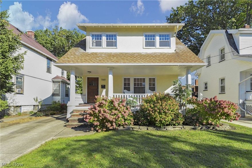 Prepare to be Moved!...into timeless beauty in this classic, well-maintained Lakewood colonial. You’ll recall a slower, gentler era when you relax on the wide & welcoming front porch, sipping a cool drink & listening to the crickets sing their summer song. Enter a living room of gleaming hardwood floors, bright front window & fireplace (WB) with windows flanking the mantel. The floors & woodwork carry through to the dining room open to the kitchen with a crisp, modern feel with ceramic tile flooring, tons of cabinets, modern appliances (range, fridge and dishwasher stay!) and an extended breakfast bar. A convenient "mud room" with half-bath and door to the covered back steps completes the main level. On the second level, the Master bedroom has the same gorgeous hardwood floors found in the other two bedrooms. The full bath has been completely remodeled with vanity, tub/shower and flooring. The basement offers plenty of space for the laundry (newer washer & dryer stay) storage & more. T