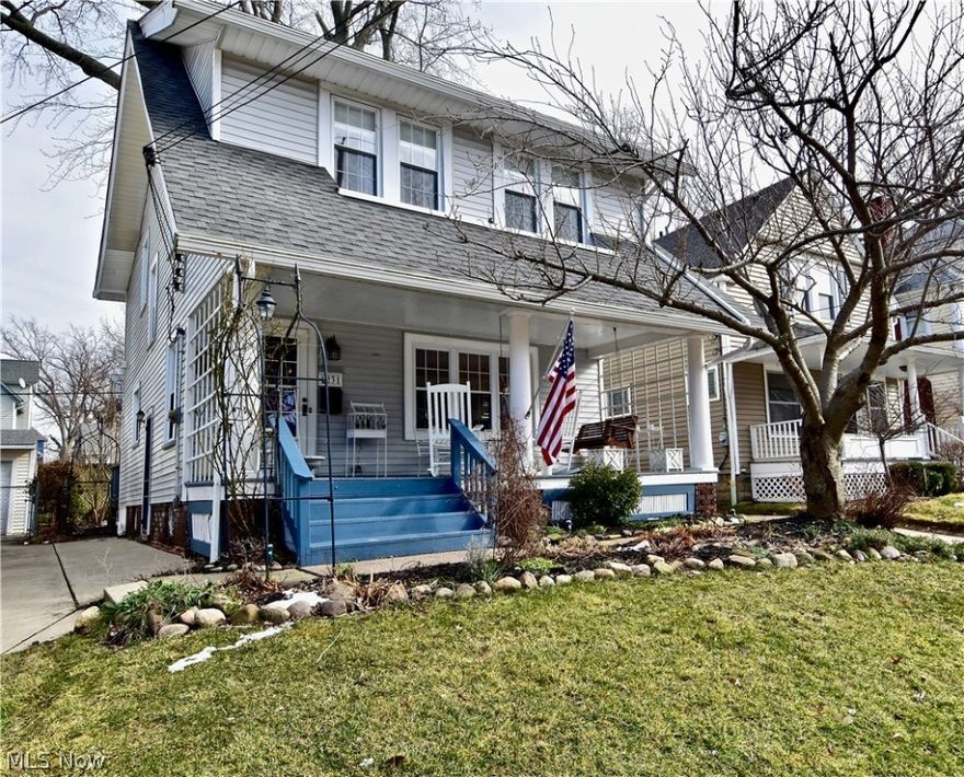 A wonderful home in western Lakewood with classic front porch, a roomy eat in kitchen and lots of charm. An open feel on the first floor with built in cabinets for the dining room and a light airy living room. The spacious eat in kitchen has a slider to the back deck. A bright lower level family room is more space to live with an updated full bath and workshop as well. Central air and a second floor laundry room add value and comfort. Updated second floor bath with good storage and comfort. Good sized bedrooms and closets are a plus. Easily maintained landscaping, vinyl siding, and a fenced back yard make for easy outdoor living. Great location for downtown commute or all that Lakewood has to offer.