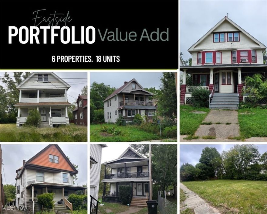 This Portfolio offers a unique opportunity to acquire 6 parcels that include 6 multifamily buildings and a parcel of land on Cleveland’s eastside—totaling 18 units with a diverse mix units.Priced at just $25,000 per unit / $67.89 per sq ft, it is primed for a motivated investor.   Current rents and occupancy are below market, resulting in a present cap rate of -2.9%. Once stabilized and repositioned, the proforma cap rate jumps to 33.8%, with gross rental revenue projected at $211,800 annually.  Current monthly income: $1950/ mo (from Only 3 occupied units) Current Gross Income: $23,400/year Proforma Gross Income: $211,800/year Actual Expenses: $36,544/year (expected to normalize to $53,312 at stabilization) Proforma NOI: $147,898/year (current NOI is negative) Projected Cash-on-Cash: 107% | IRR: 178%   Unit Mix: Studios: 4 1BR/1BA: 3 2BR/1BA: 6 3BR/1BA: 3 5BR/1BA: 1  All properties need varying levels of renovation and lease-up, but most major capital expenditures are already factored into the proforma. Comparable sales in the neighborhood support an ARV between $648,000–$716,000, with plenty of margin for value creation.  Whether you’re looking to renovate and refinance, reposition and hold, or eventually sell as a stabilized package, this portfolio offers an unbeatable entry point into Cleveland multifamily with major value-add potential and strong projected returns.