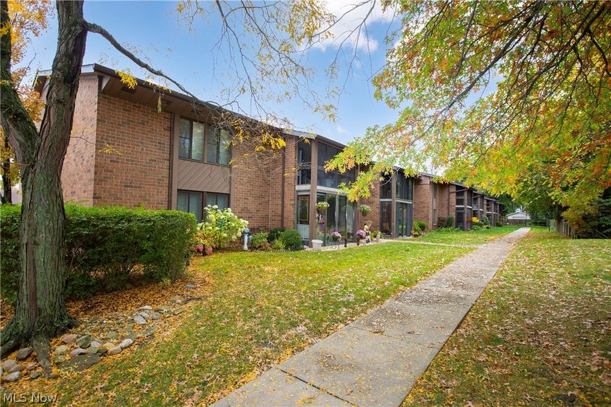 Lovely 1st floor garden unit. Rarely available 2 bedroom, 2 bath ranch-style condominium is easy living! Professionally painted October 2022 and carpets cleaned. Spacious kitchen with lots of counter space. All appliances included. Open concept living and dining rooms. Master suite with walk-in closet space and full bath. 2nd bedroom shares hall bath. Enjoy the convenience of in-suite laundry, too! Super sunroom is having all cloudy windows replaced (currently on order-in attachments). Wonderful outdoor pool with party area for summer fun! Small assessment for street lights in FP is ongoing. Just 5 minutes to CLE Airport, Metro Parks and shopping! Water heater 2021, furnace 2005. Garage #82. Small storage unit on 2nd floor #102. Move-in and enjoy one floor living!