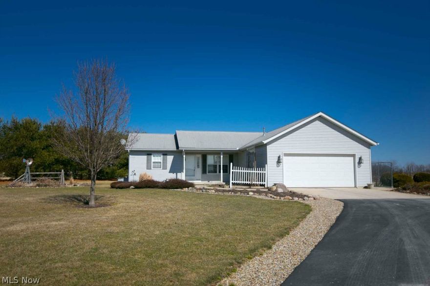 Well kept ranch w/ split floor plan.  Master w/ walk-in attached bath separated by open concept great room and kitchen to guest bedroom and bath.  Situated on 10 full acres.  Great room w/ fireplace and access to rear patio.  Kitchen w/ breakfast bar opens to eat in area and Great room.  A 42 x 40 pole building with additions providing a 40 x 12 workshop storage room, 10 x 42 currently 1 horse stall but will easily expand to 8.  Roughly 3 acres of fenced pastures.  Let the boarders pay your mortgage, escape to rural living with easy highway access under 40 min to Cleveland airport.