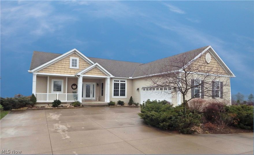 Welcome to 3080 Seville Rd, a 3 bedroom, 3 bath ranch home on a 5.96 acre lot.  The long concrete driveway allows the home to sit off the road in a private tranquil setting.  This home welcomes you with an open floor plan allowing for entertaining in the great room, which features a stone wood burning fireplace, and leads to the kitchen with a large extended breakfast bar.  The great room is the perfect size for entertaining or spending your winter evenings in front of the fireplace.  The spacious eat-in kitchen also offers stainless steel appliances, a modern tile floor and pantry.  Enjoy your private time in the sunroom overlooking the flower garden or walk out to the concrete patio with a peaceful pavilion.  The deluxe owner’s suite, with private entrance, has a master glamour bathroom with dual sinks and walk-in closets.  The first floor is completed with a formal dining room as well as two additional bedrooms and a second full bath.  Guests may also enjoy the large finished baseme