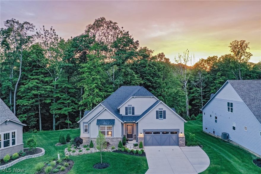 Move right in to this newly constructed raised ranch style home in top-rated Orange School district! Completed in 2019, this home is like-new with fresh, neutral decor throughout. As you step inside, you will immediately appreciate the uninterrupted sight line from the foyer to the back of the house, where a wall of windows frames the wooded backyard. The kitchen is the heart of the home, and includes a large granite island, subway tile backsplash, white cabinetry, a walk-in pantry, and stainless steel appliances. The dining area is open to the kitchen, ideal for entertaining, plus there is a gorgeous balcony off of the dining area that overlooks the wooded backyard. A sitting area just off of the kitchen includes a fireplace and a wall of windows. You will love the first floor owner's suite, which includes a spacious bedroom, a walk-in closet, and an elegant en-suite bathroom. The first floor also includes another bedroom suite with an en-suite bath and a walk-in closet, a guest bedro