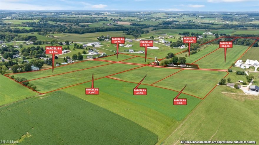 68 Acres Prime Land - To Be Sold In 8 Parcels - Free Gas - Bank Barn – Woods - Farmland - Prime Building Sites - Paint Twp. - Southeast School District - Live Auction with Online Bidding Available. ABSOLUTE AUCTION, all sells to the highest bidder on location. ONLINE BIDDING BEGINS WEDNESDAY, OCTOBER 11, 2023 – 12:00 PM and AUCTION LIVE ON-SITE BIDDING WILL BEGIN SATURDAY - OCTOBER 14, 2023 - 11:00 AM. Real Estate: 68.5 acres of gently rolling land. The majority open farmland currently in hay, and the balance is fenced pasture with some hardwoods. Existing gas well to provide limited free gas per lease to the buyer. Gas and oil rights and royalties to be reserved by sellers. Authentic bank barn with concrete feedlot and silo set up for cattle. Walk land over at your convenience, and make sure you shut any gates you open. Land is a good investment you can enjoy and watch the sunset on. Parcels to be sold bidder's choice and not to be offered as an entirety. Parcels to be sold bidder’s choice as follows: PARCEL #1: 5.8 ACRES OF OPEN FARMLAND. Parcel #2: 6.3 acres of open farmland. Parcel #3: 4.9 acres of open farmland. Parcel #4: 6 acres of open farmland. Parcel #5: 3.1 acres of open farmland. Parcel #6: 2 acres of open farmland. Parcel #7: 20.2 acres with bank barn, silo, fenced pasture, open fields, woods. Parcel #8: 20.2 acres of open farmland, wooded at the rear. Exciting auction! Sold in parcels only. Get your financing in order and come to bid on October 14th!