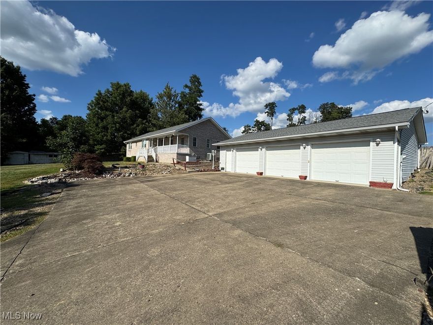 3 bed, 3 bath brick ranch home that is convenient to everything. Pull up the concrete driveway and you will first notice the large detached 3 car insulated garage. The garage does have it's own toilet/sink for when you are working outside and don't want to track in to the house for the restroom and there are also two heaters for the garage that will stay. The front covered porch is a nice place t enjoy coffee or just sit and relax. Inside the front door you will find the large living room that features vaulted ceilings over your daily living space. Just off of the living room is the large eat-in kitchen and dining room. This kitchen has an island and peninsula/bar area that offer PLENTY of counter space. Just off of the kitchen (and in a separate room) with access from the hall, is the large laundry room. There is a pet door at the rear of the laundry room for convenience. Just down the hall is the main bathroom and two additional bedrooms. At the end of the hall (and to the rear of the home) there is a primary suite with a very nice sized attached bathroom. The basement is partially finished and includes a full bath with corner shower, access to a cellar under the front porch, a rec room, a second room that most recently served as an office, plus a lot of storage space. The rear of the home includes a concrete patio with a powered awning. Roofs on both the house and 3 car garage were replaced in 2019. This one is brand new to the market so take a look soon!