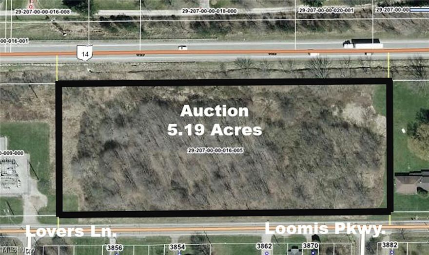 Commercial Real Estate - 5.19 Acres Development Land With All Utilities - Ravenna Twp. – Portage Co. – Loomis Pkwy. (Lovers Ln.) & Rt. 14 - Family owned for many years. ABSOLUTE AUCTION, all sells to the highest bidder on location: TUESDAY - NOVEMBER 7, 2017 – 12:00 PM - 5.19 acres – 646’ frontage on Lovers Ln plus great highway exposure on St. Rt. 14. Mostly wooded, could easily be divided. Just west of University Hospital Portage Medical Center. TERMS ON REAL ESTATE: 10% down auction day, balance due at closing. A 10% buyer’s premium will be added to the highest bid to establish the purchase price, which goes to the seller. Any desired inspections must be made prior to bidding. All information contained herein was derived from sources believed to be correct. Information is believed to be accurate but not guaranteed.