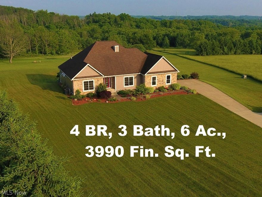 7549 Kinney Road, Mt. Vernon. Gorgeous custom home sitting back off the road on 6 Acres with incredible views, potential pond site, wildlife and seclusion. With 3990 Finished S.F., 3-4 BR, 3 Full Bath, Soaring Ceilings, Fabulous Kitchen with granite and full size side-by-side freezer & fridge, bright walkout lower level family room. See thru fireplace between living room & formal dining room. With a huge deck up and even larger patio below…this home is made to entertain! First Floor Master & Laundry. Custom built in 2004, with attention to quality and detail, this home has been well cared for and is immaculate. Energy efficient with natural gas and 2x6 walls.  Even a perfect site for a swimming pool off the patio. Just southwest of Mt. Vernon with easy commutes to Westerville, Polaris, or New Albany. Link to 60 photos & videos available.