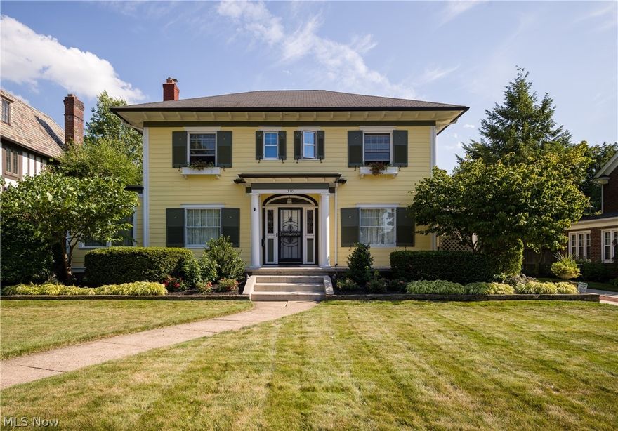 Charming “Georgian Revival” home in the heart of Ridgewood. Built in 1924, it boasts beautiful hardwood floors, 12“ ceiling moldings, 3 sets of French doors, lovely foyer with leaded glass windows and curved staircase. Owners love to entertain in the enormous dining room with bay window, baby grand piano, and gorgeous fireplace. Or get cozy in the parlor/living room with French doors opening out to the covered side porch/awning. Enjoy cooking in the updated cherry kitchen complete with pantry, wine rack, cute dinette area. 1st flr. den/library plus a huge family room addition in rear of house for the family to settle into an evening of tv and games.  Impressive corner stone fireplace has Waterford woodburner that stays. There is a 2nd office area off kitchen and half bath. 4 generous bedrooms upstairs- owner's suite has a large walk in closet plus 2 built-ins, with new bath in 2018 featuring black & white tile shower, quartz vanity top. Lovely stamped concrete front porch with pillars.