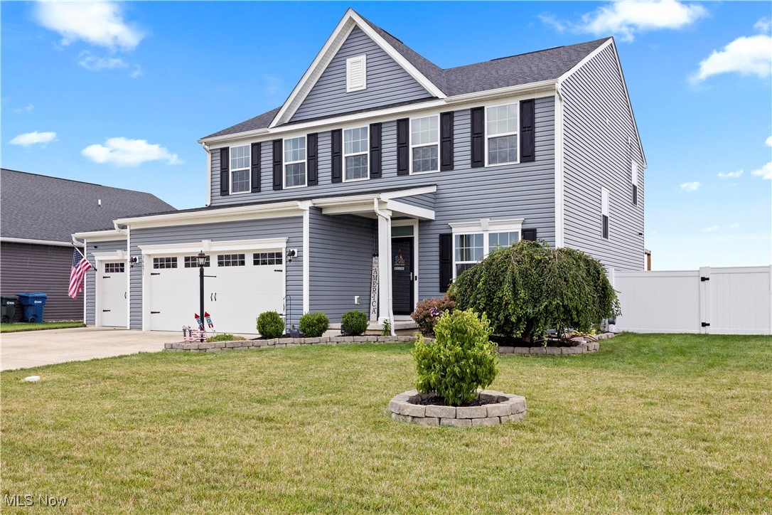 Why build when you can move right into this stunning 5-year-young colonial? This well-cared-for home offers an open floor plan,
stylish finishes, and a private backyard retreat. The first floor features a dedicated home office with French doors, a spacious great room with electric fireplace, and a bright dining area overlooking the yard. The kitchen is complete with granite countertops, marble backsplash, stainless steel appliances (all included with a Bosch dishwasher), and plenty of cabinet space. A half bath and a convenient mudroom off the garage add to the functionality. Upstairs, you'll find four generously sized bedrooms, including a 14 x 20 owner's suite with an oversized walk-in closet and a luxurious bath featuring a soaking tub, step-in shower, and dual sinks. A second full bath serves the additional bedrooms, all of which offer excellent closet space. Additionally, a second floor laundry area with both washer and dryer included! The lower level includes a finished bonus room that can be used as a craft area, playroom, or office. Framing has also been started in another section, making it easy to expand. Enjoy the outdoors with a fully fenced backyard featuring a 38 x 18 patio with a partially covered canopy, fire pit, hot tub, and garden. The property backs up to farmland, offering privacy and scenic views, yet remains close to shopping, dining, and just a short drive to I-90. This home is move-in ready and waiting for its next owners to enjoy!