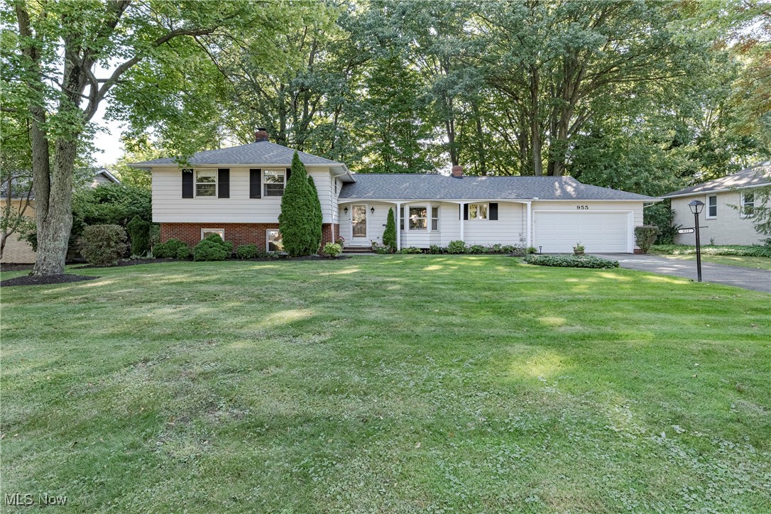 Welcome to 955 Oakview Dr, Highland Heights – a beautifully maintained split-level home on a peaceful, tree-lined street, offering space, style, and comfort for the whole family. Step into the welcoming foyer with slate tile flooring and feel instantly at home. To the right, the bright eat-in kitchen is a chef’s delight, featuring granite countertops, a stylish tile backsplash, stainless steel appliances, and a sunny bay-windowed dining area—perfect for casual family meals or morning coffee. Flowing seamlessly from the kitchen, the open-plan living and dining rooms offer rich hardwood floors, a large picture window, and sliding doors to the back deck, creating an effortless space for gatherings, homework sessions, or quiet family evenings. Upstairs, three spacious bedrooms with hardwood floors share a full bath, providing a comfortable retreat for children or guests. The lower level adds versatile living space with a cozy family room featuring a brick fireplace, built-ins, and sliding doors to the back patio—ideal for movie nights or entertaining friends. A fourth bedroom with an ensuite full bath and an additional half bath completes this level. The basement level offers laundry and abundant storage, keeping everyday living organized. Outside, the large, wooded backyard and inviting deck provide a private oasis for play or relaxation. This home combines timeless design with family-friendly functionality, offering a rare opportunity to create lasting memories in Highland Heights.