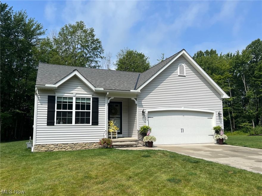 Settle in to this terrific three year old rancher located in sleepy Saybrook township just minutes away from the shores of Lake Erie, parks, recreation, fishing and wineries. The open floor plan provides effortless living with its vaulted great room with corner gas fireplace, beautifully-appointed kitchen with granite countertops, dining area and convenient laundry/mud room. The primary bedroom features a vaulted ceiling, spacious closet and attached 3-piece bath. Two additional bedrooms and a full bath complete the main level. An open staircase leads to the full, unfinished basement creating the potential for more living space. All this, plus a two-car attached heated garage and expansive backyard perfect for relaxing, gardening and playing. One year home warranty included. This house checks all the boxes!