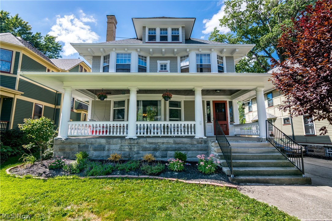 Welcome home to this beautiful Lakewood Colonial! With classic Lakewood charm throughout, this 5 bed, 3 bath beauty is updated and move in ready. The large stone front porch is perfect for relaxing in the warmer months. The first floor boasts natural woodwork and original leaded glass throughout. The large living room was recently re-carpeted and features crown moulding and a stone fireplace. The large formal dining room boasts more beautiful woodwork including a built in window seat and beamed ceiling. There is a conveniently located first floor half bath just past the updated kitchen and the back door leads out to the newly added deck. The second floor features 4 generously sized bedrooms and a bonus sunroom/playroom. The finished third floor is a perfect 5th bedroom or extra living or office space. Updates include newer roof, boiler, replacement windows upstairs and newer storm windows downstairs and exterior paint. Conveniently located near all that Lakewood has to offer!