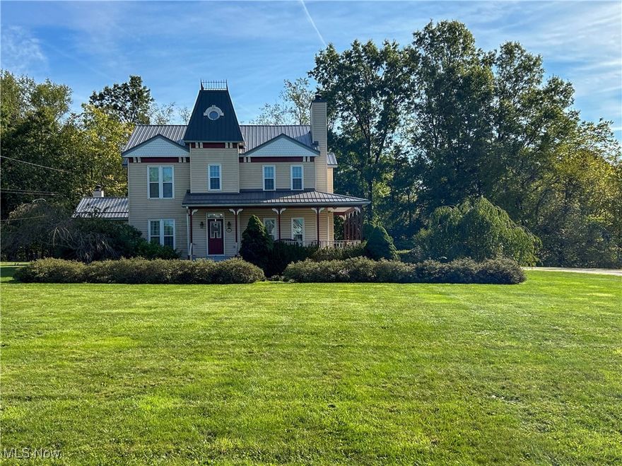 This 3,225 sq ft nostalgic Victorian Replica is a custom built dream home adorning spacious 9’ ceilings on the 1 st and 2 nd floors and a stairway to the turret! Situated on 4.6 acres including 7 mature black walnut trees and an illuminated gazebo overlooking a beautiful pond makes a peaceful and serene venue. There are 4 bedrooms, possibly 5 along with 4 bathrooms. The basement floor is double-poured and is an apartment complete with kitchen, bathroom and fireplace. Updated with newer roof and new windows. Of course, there is a set of back stairs. Security System and Emergency Generator are included. All furnishings and antiques are negotiable. The home could be a bed and breakfast.