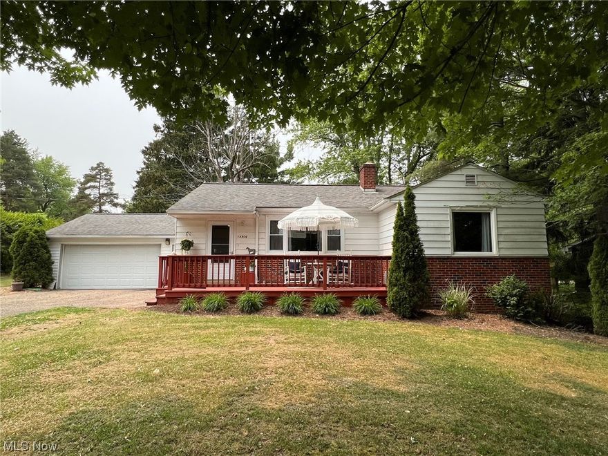 GREAT STARTER HOME...3 Bedroom & 2 Full Bath Ranch set on 1+Acre! Front deck welcomes you in the Living Room & Dining combination with original hardwood floors, large picture window, coved ceilings and stone wood burning fireplace. Dining area includes built-in shelving. Kitchen includes all appliances and breakfast bar. The 3 bedrooms all have hardwood floors & remodeled full bath to share. Full walk-out lower level includes finished Rec/Family Room, office, 2nd full bath, laundry and storage area. Basement has glass block windows and has been waterproofed with sump pump added in 2020. Newer vinyl windows & front door. Updated electrical panel. Central air. 2+car attached garage with new overhead door. Set on extra deep lot with wooded backyard. Just minutes to Punderson State Park, Geauga Parks and UH Geauga Hospital. 1-yr home warranty. West Geauga Schools.