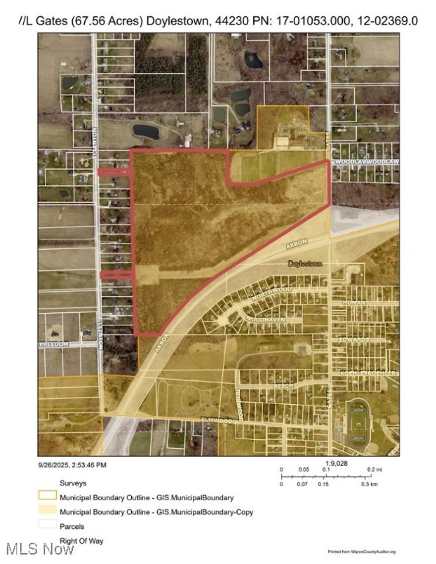 Presenting an exceptional development opportunity: The approximately 67.5-acre parcel, located on the west side of Gates St within Doylestown, has public water and sewer availability at the road. The site is well-suited for a blend of single-family residences, condos and cluster homes. Easy access to Route 585 (Akron Rd) also provides easy access to Route 21 (Alternate I-77). Just minutes from downtown Doylestown, this location is ideal for new residential development.