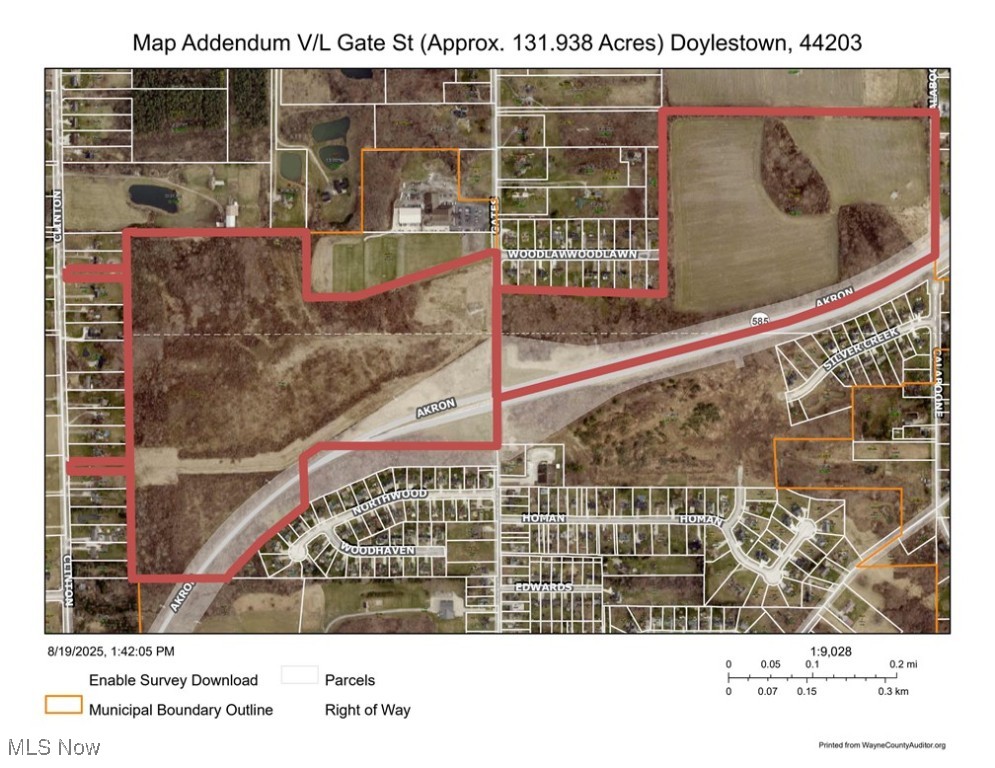 Presenting an exceptional development opportunity: The approximately 80-acre parcel, located on the west side of Gates St. within Doylestown, has public water and sewer availability at the road. The site is well-suited for a blend of single-family residences and apartments/condos. This parcel has approximately 14.5 acres under a roadway easement for Rt 585, leaving approximately 66.5 acres to develop. On the east side of Gates St, you’ll find an additional 49-acre parcel in Chippewa Township, zoned R-1 Suburban Residential. With the possibility of annexation to Doylestown, this parcel would also gain access to public utilities. This property has approx. 12 acres under a roadway easement for Rt 585 and approx 7.75 acres under a power line easement, leaving approx 30 acres for development. Easy access to Route 585 (Akron Rd) also provides easy access to Route 21 (Alternate I-77). Just minutes from downtown Doylestown, this location is ideal for new residential development.