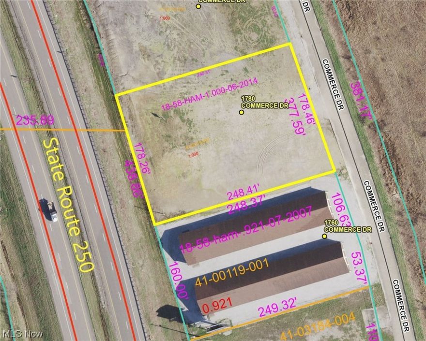 Excellent commercial location with exposure from State Route 250.  1 acre level commercial parcel on a cul-de-sac in a sizable business area.  Twin City Water & Sewer available.  Easy access to State Route 250 & I-77.