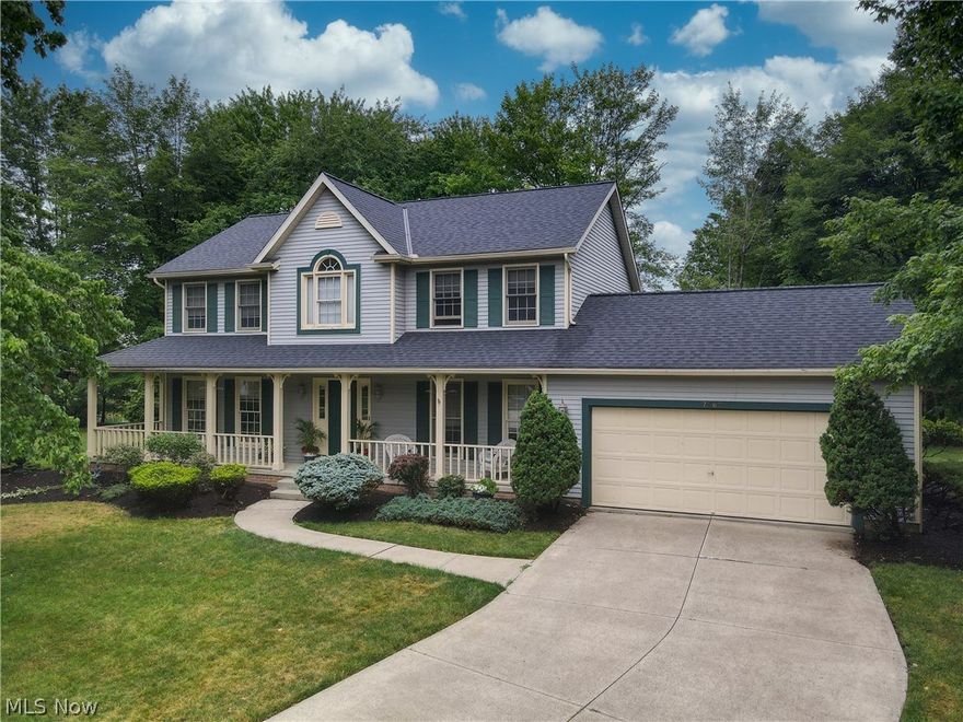 Welcome to 7567 Foxdale Circle in beautiful Hudson Ohio. Enjoy living on a quiet cul de sac in the highly desirable Ashbrooke neighborhood. Terrific location in close proximity to Cuyahoga Valley National Park, hike and bike trails, Rt 8 and I80 highway access, Costco, and just minutes from shopping and dining in Downtown Hudson. This traditional colonial style home sits on a well manicured wooded lot and enjoys frontage to a pond. As you approach the front door you will be charmed by the wrap around front porch. Once inside you will be welcomed by a cozy foyer with coat closet. On your left is a formal living room with glass paneled French doors that open to the family room. The family room overlooks the backyard and features a gorgeous brick fireplace. The kitchen offers an eat-in area and glass sliding door that leads you to a stamped concrete patio. Formal dining room, laundry area, and half bath complete the easy flowing main level. Upstairs you will find a master suite, three add