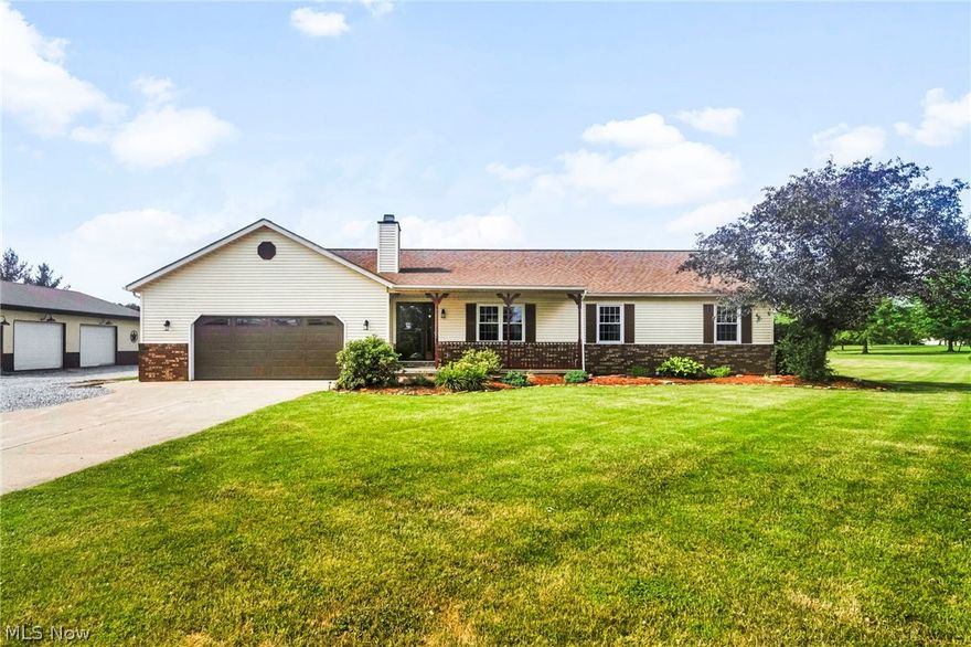 This magnificent ranch home boasts a charming 3-bedroom, 2-full baths with a partially finished basement. There is storage galore in this home. It features a cozy sunroom addition that has the potential to be transformed into a luxurious 4-season room. The grounds are beautifully landscaped, well maintained and span over 6 and a half acres of a park-like setting. Relax by the fire on a cool evening after some golf or fishing and overlook the beauty of the nature that surrounds this property. Additionally, there is an oversized workshop/garage, making it ideal for car enthusiasts or those looking to run a home business. This picturesque property also includes a shooting range with back stop, driving range, and a serene, naturally stocked pond with a new dock, providing the perfect setting for enjoyable living. Almost every little detail has been addressed in this home since 2019. HVAC heat/air in home and Shop- Roof- hot water tank-sunroom-composite back porch -Appliances-paint- Carpet- flooring-ceiling fans- propane tank- closet organizers- garage door & opener - front door and SO MUCH MORE! If you are looking for a peaceful but playful, move in ready home with a few extras, come get it before its GONE!