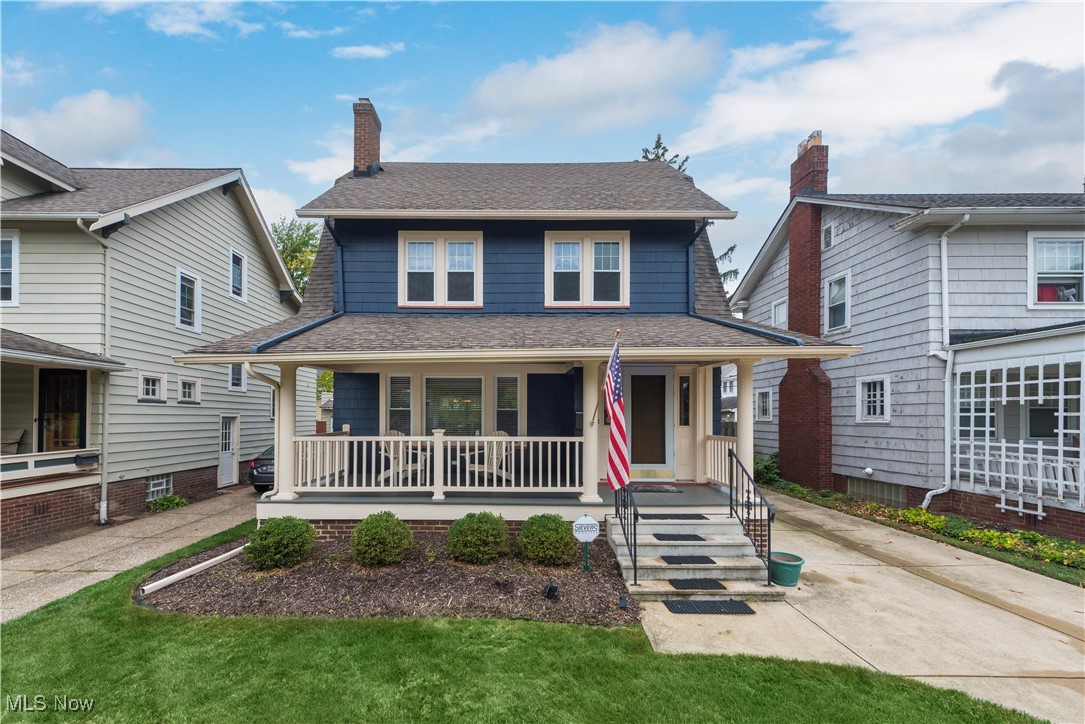 Welcome to this well maintained colonial gem located on a charming stretch of Northland Avenue! Boasting over 1,500 square feet, this 3-bedroom, 1.5-bath home offers timeless appeal and endless living possibilities. The home features classic Lakewood charm with its inviting covered front porch, beautiful curb appeal, enhanced by lovely landscaping. Step inside through light and bright entry foyer leading to a generous living room, complete with a cozy fireplace and elegant built-ins. The adjoining dining room continues the theme with additional built-ins, perfect for extra storage. The spacious kitchen offers a world of possibilities for those looking to customize their space. Over sized door opens from the kitchen to a fenced-in backyard with a charming stone patio—ideal for outdoor entertaining. Upstairs, the home showcases a flexible floor plan with a large oversized master bedroom, created by combining the front two bedrooms, a spacious second bedroom and a bonus room that could be used as a flex space, office or additional fourth bedroom. Additionally, the finished third floor offers a large third bedroom with more built-in features and adds an additional 299 square feet not included in the listed square footage. Rich wood floors grace the living room, dining room, master bedroom, as well as the second bedroom, adding warmth and character throughout the home. Lastly, the large detached two-car garage built in 2011-2012 and wide paved driveway pull this gorgeous colonial together. Harmoniously blending classic style, modern touches and updates, don’t miss out on this great opportunity.
