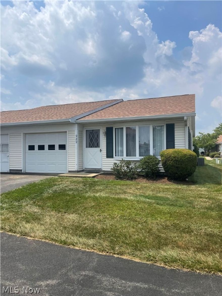 Welcome to this sought-after condominium located in Salem, OH. Spacious, easy, one-floor living. The 2 bedrooms have brand new flooring and seller is replacing living room/hallway carpet. Inviting bathroom with wheelchair accessible shower. Eat-in kitchen with small pantry, with lots of cabinetry and new paint. Appliances included. AC was updated 07/2023. New patio 2019. Attached one-car garage. Located in an association with access to guest house and in-ground pool. You don't want to miss this!