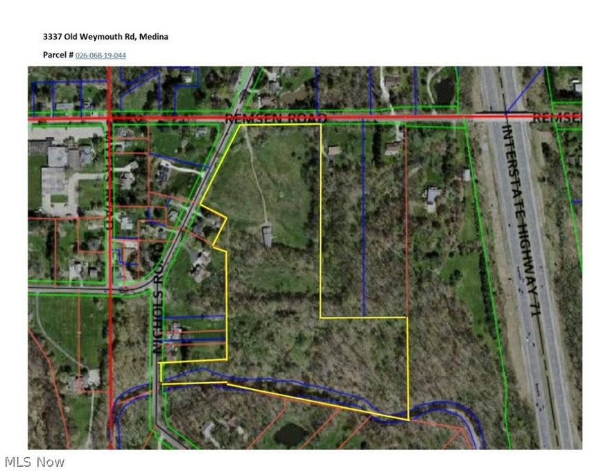 Looking for 18 acres in Medina?  Look no further. This approx. 18 acres sits on the corner of Remsen and Old Weymouth road just minutes from Rt 71.  You have plenty of privacy even though you are in a residential area. As you first drive up, you enter a beautiful meadow with a tree line boarder on 3 sides, perfect to build your dream house.  The property gently slopes down through a wooded area to another lush meadow.  As you continue to serenely stroll through the woods, you will run into a branch of the Rocky River that runs across the eastern edge of the property.   No need to build an out building as there is a 32’ x 80’ Pole Barn already on site.  Call and schedule your appointment today.