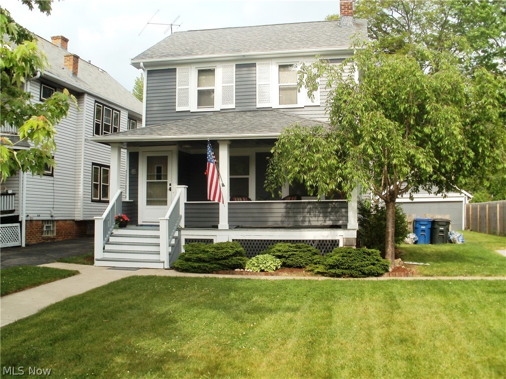 Cute and tidy Colonial with newly painted exterior and great front porch to enjoy this summer. In addition to the 3 bedrooms there is wonderful sun room on 2nd floor and a 1st floor half bath. Dining room has pretty built in china cabinets. All the appliances stay. Many upgrades have been completed and include new windows (2015), basement waterproofed (2009), sidewalks and garage pad (2009) and glass block windows. Large back yard with garden boxes ready for planting and a country lane drive with a French drain. Convenient location, close to schools with easy access to I90 and all that Lakewood has to offer!
