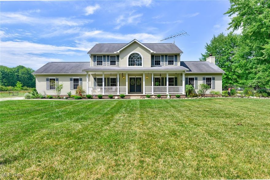 Welcome home to your private oasis in the countryside! This sprawling home situated on 19+ private park like acres is adjacent to the State Park and has so much to offer.  Welcoming covered front porch stretches the entire length of the home.  Enter into the spacious foyer with soaring ceilings and a grand staircase.  The foyer is flanked by a private office boasting crown moldings to the left and formal dining room with double treyed ceiling to the right. Continue into the expansive eat in kitchen with beautiful windows overlooking the yard and pool.  Breakfast room has French doors that step out to a large stamped concrete patio and pool area.  The kitchen opens to a massive great room offering cathedral ceilings and a stately wood burning fireplace.  The great room connects to the beautiful octagonal sunroom with impeccable views of the property. First floor also offers a full ADA bath with a step in shower, a first floor bedroom, a huge walk in pantry and large coat closet (could be converted to a first floor laundry?).  Upstairs you'll find a large owners retreat with a vaulted ceiling, a spacious walk in closet and sunny primary bath with a shower and separate garden tub. 2 additional roomy bedrooms and guest bath complete the second floor.  Unfinished basement with a wood burning fireplace and a large kennel has limitless potential.  Basement is roughed in for an additional bath and has direct access into the 3 car attached garage. The grounds offer beautifully landscaping and an incredible fenced in 20x40 heated in ground pool with diving board. Additionally you'll find a massive 6+ stall barn (approx 40x70) with running water, electric and a huge loft as well as a large chicken coop with electric.  There are 3 pastures, an additional animal shelter, and a charming stream that meanders through the property to the pond in the back corner of the lot. This home is a dream come true, dont miss it!