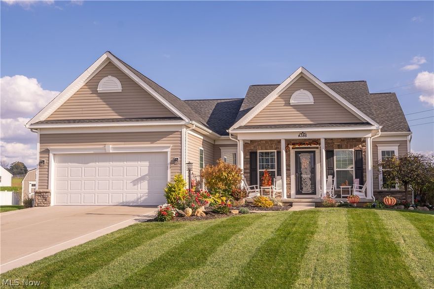 Welcome to 4386 Chevron Circle SW. This rare find open concept ranch is located in the desirable Knights Crossing Development and is only 1 of 2 builds in the state of Ohio! You will appreciate the pride of ownership the moment you see this home! Walk in the front door and you are greeted with a wide foyer that flows into the Formal Dining Room and Family Room, which features a lovely corner natural gas fireplace, built in speakers, and is open to the kitchen and breakfast nook! The owners suite is tucked away on one side of the home and offers plenty of privacy complete with private bath with dual vanities, walk in shower, walk in closet, and linen closet. 2 additional bedrooms, main bathroom, and Laundry/Mudroom complete the first floor. Step down into the finished lower level and you will be amazed of all the space! Offering over 1,000 sqft this is the PERFECT hang out spot for all the games, movie night, and gatherings of all kinds! An additional bedroom and full bath to accommodat