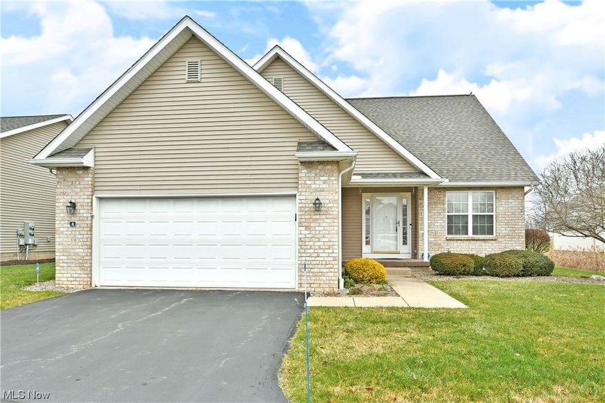 Nestled away in a quiet and desirable Champion development, this fantastic three-bedroom stand alone villa is an end unit which ensures even more natural privacy. Handsome brickwork accents both the garage and covered front porch while stone landscaping trims the sidewalk. Around the back, a substantial rear patio ensures warm weather relaxation as tall pines paint a colorful backdrop. Step inside to find the remarkable tiled foyer, quickly branching into nearby dining. Across the hall, a lovely half bathroom awaits both first floor laundry and garage access. Tilework continues into the adjacent kitchen with its gracious, galley layout filled with deep stained cabinets and stainless appliances. Casual sliding patio doors as recessed lighting shines from above. A massive central great room steals the show with its towering, window lined rear wall complete with fireplace. The first floor master bedroom suite boasts a must-see bath complete with soaking tub, shower and walk-in closet. The carpeted stairway is open and adds style as you move upwards to find an inviting landing as the pair of guest bedrooms join a charming, full bath.  A full basement presides below with a massive amount of storage space. Generac generator included.  Electric blinds in the great room. This is a well kept home in move in condition. Message me today.