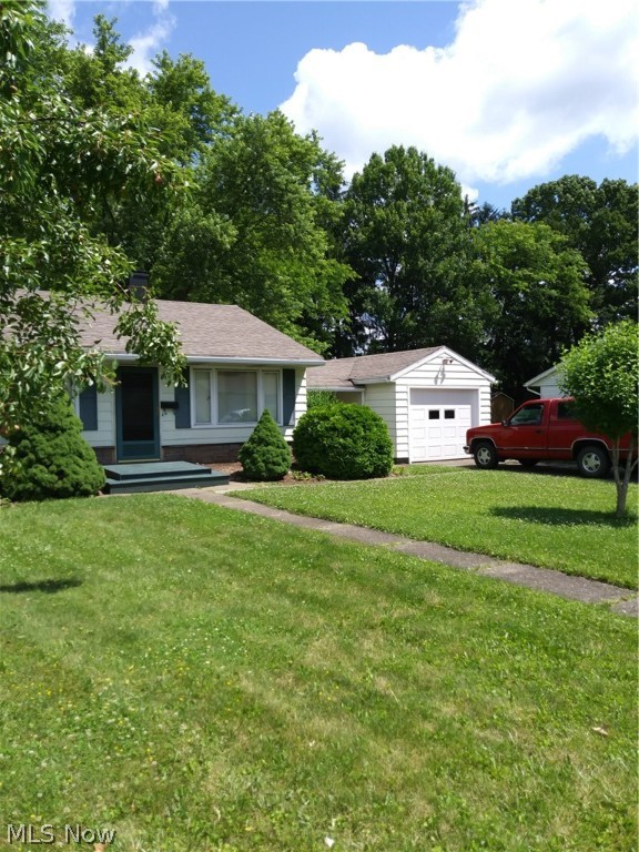 One floor affordable living. 2 bedrooms, 2 full baths, full basement, 1 car detached garage. New rear garage door 2016. Newer roof in 2007. Updated main bath in 2014. Large flat lot. Shed, kitchen appliances, washer, and dryer to stay. Partially finished lower level with laundry.