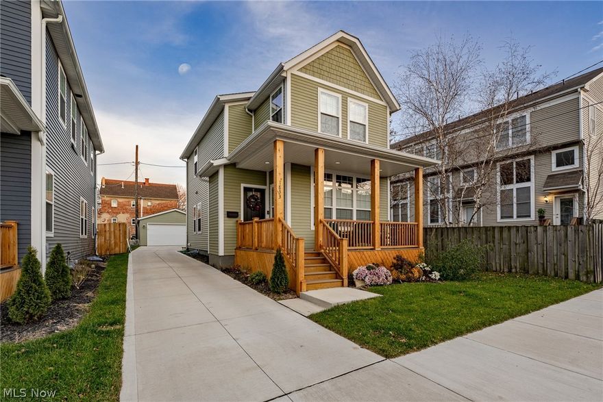 Welcome home to this like-new colonial in the Detroit Shoreway neighborhood of Cleveland! Built in 2020, this home provides 1515 square feet of open-concept living with on-trend finishes throughout, plus, it is tax abated until 2035! The covered front porch opens to the spacious great room, where you will find LVT flooring, built-ins, and plenty of natural light. You will absolutely love the kitchen, which features a quartz counters including a peninsula with a waterfall counter, contrasting cabinetry, and a stylish backsplash. A half bathroom completes the first floor. Upstairs, you will find two bedrooms and two full bathrooms. Both bedrooms have ample closet space and en-suite baths. The primary suite includes two walk-in closets, vaulted ceilings, and an en-suite bath with a step-in shower with subway tile surround. The full lower level provides plenty of space for storage and a laundry area. It could easily be finished into a home gym, and includes framing and plumbing for another