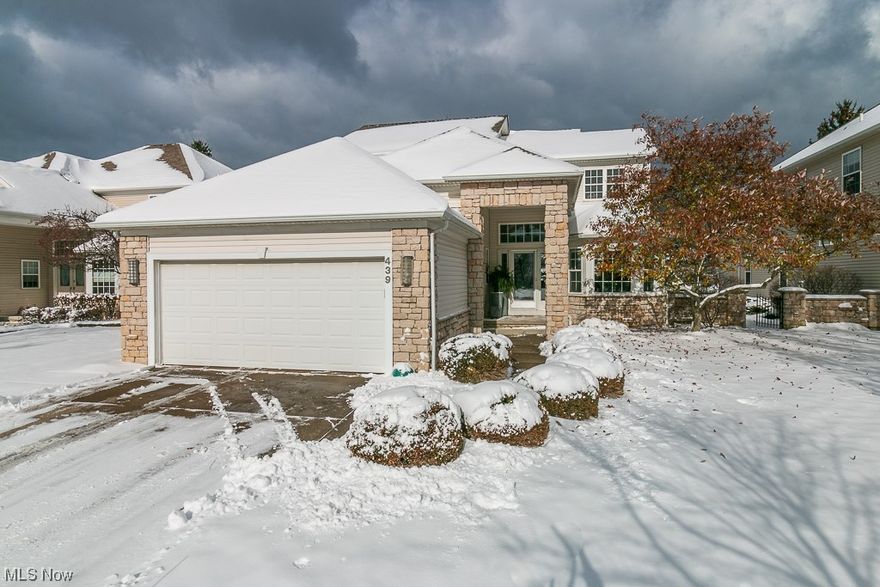 Meticulously kept Miller built home uniquely situated on first green of StoneWater Golf Club! Enter the foyer w/ soaring ceilings & hardwood floors that flow to the kitchen. Quartz counters, double oven, large sink, eating area surrounded by windows, 2 pantries, lots of cabinet space, slider door to side patio, & counter buffet w/ picture opening to dining room-perfect for hosting. Dining room features vault ceiling, slider to second large patio which overlooks the green, natural light galore & flows to the dramatic great room. 18' high two-story great room w/ double-sided gas fireplace, built-in cabinets & a stunning wall of windows! Large private first floor master suite w/ newer carpet, bonus cozy sitting room separated by sliding glass doors which features other side of the gas fireplace- can be used as a second sleeping area or office. Double walk-in closets, linen closet & full bath w/ jetted tub, double sink & vanity area, walk-in shower & private commode area. Convenient first floor laundry/mudroom w/ walk-in pantry & half bath w/ quartz counter. Second floor has 2 large bedrooms, one w/ added dormer space great for office/sitting area, both w/ excellent closet space, & connected second full bath w/ double sinks, linen closet, tub/shower. Upstairs could be a second floor master option! Open loft overlooks great room & provides more unique space! Additional 1,952 sq ft basement, plumbed for bathroom just awaiting its transformation into living space/rec room area.
