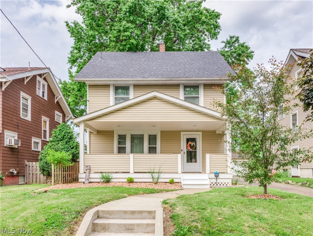 Adorable, updated, and well-maintained colonial home just outside of Ridgewood in Canton. The inviting and cozy front porch welcomes you to this charming home with 9-ft ceilings and modern colors. The living room has a decorative fireplace/mantle with built-ins on both sides and plenty of natural light. It is open to the formal dining room with a wainscoting backsplash, laminate flooring, and built-in window seat storage. The kitchen offers tile backsplash, laminate flooring, appliances included, a composite granite sink, a large pantry, a bonus spice pantry, and access to the fenced-in private backyard. There is a conveniently located half bath on the main level too! Three bedrooms and full bath with ceramic tile floor and ceramic tile shower on the second level. The third floor 15x25 finished attic would be perfect for a rec room, playroom, or a 4th large bedroom! The full basement offers ample storage space. One car garage too. Updates include paint-interior (all but attic), new kit