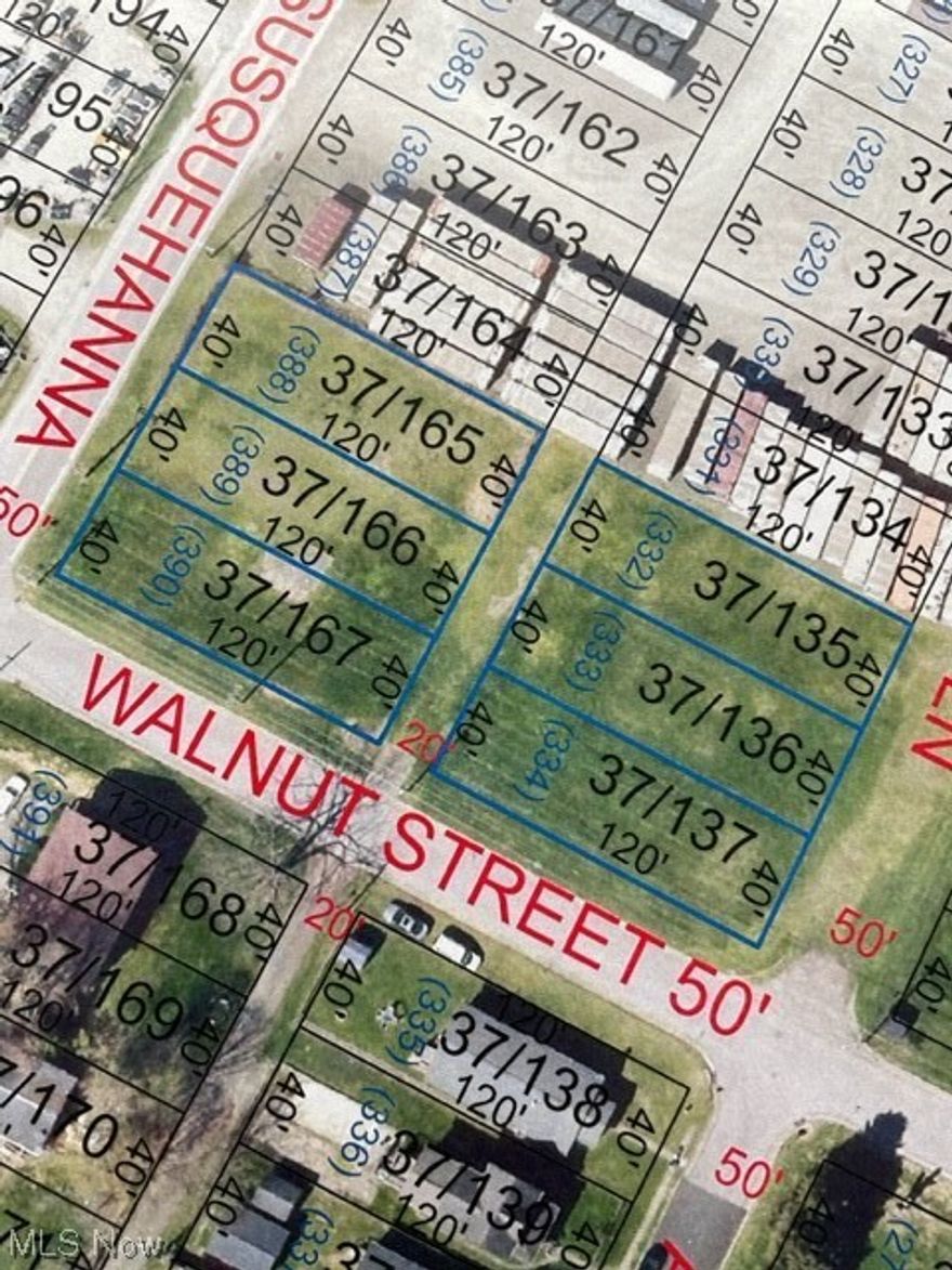 Six lots at the corner of 29th & Walnut St. in Parkersburg.  Each lot is 40x120.  120x240 is the dimension for the 6 lots.  Paper alley between 135-137 and 165-167.  Lots are zoned M-! but should be verified by the buyer.
