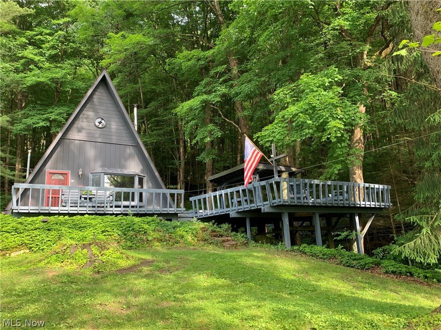 Looking for that great get-a-away cabin in the woods? Look no further, as this is the picture perfect A-frame cabin situated on 12.95 acres with mature timber and great hunting. Located only minutes from Salt Fork State Park and just down the road you'll find recreation galore at the Rocky Fork Ranch Resort. There is a 1st floor bedroom and the second floor is a loft which can accommodate beds for 5-6 people.  A wonderful 2 car, two story garage is included and the spacious second story would make a great workshop or a really awesome man cave-she shed.  If outdoor entertaining is your passion, then you can't go wrong with the 1100 SF deck.  You can overlook a spring fed heart-shaped pond with plenty of frogs and tadpoles to entertain you. The cabin is heated with a gas propane wall heater (no propane tank included) and a wood stove fireplace.  A new aeration system was installed in 2017. Dehumidifier is included. Ten (10) cords of seasoned firewood is included.  Wall mount propane heat