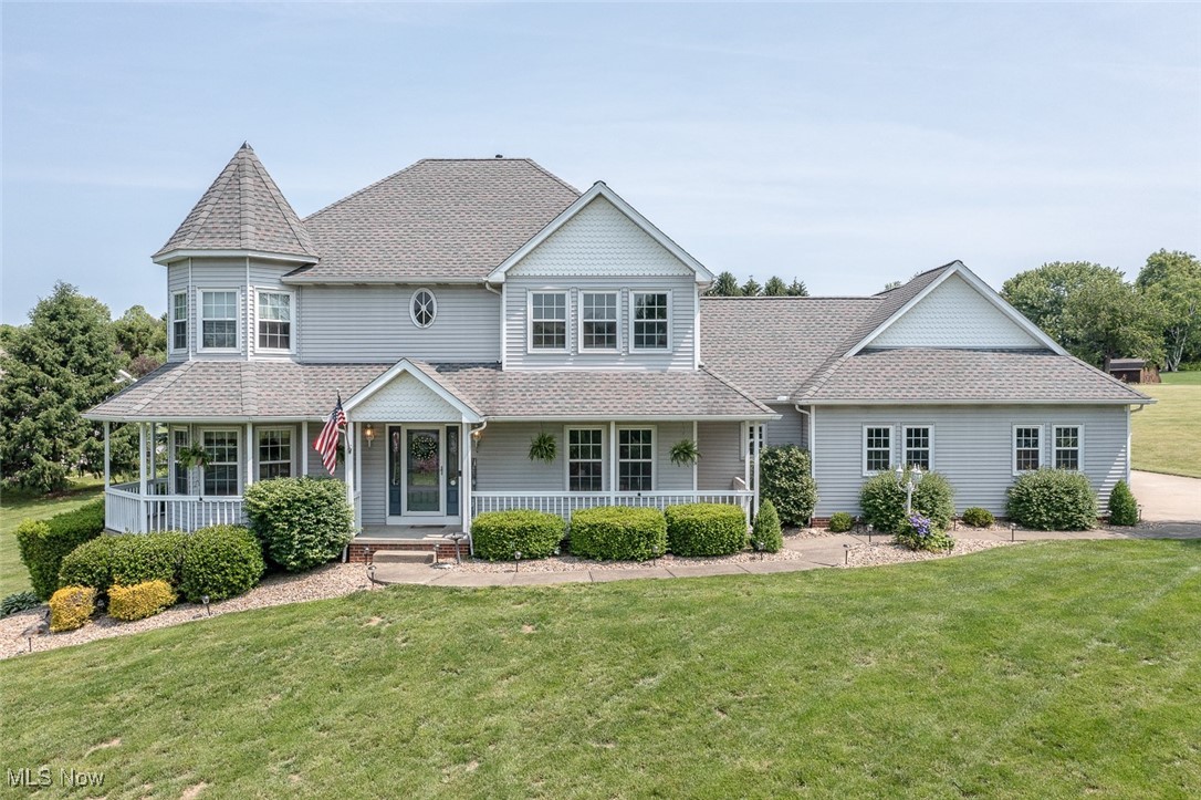 Welcome home to this stunning Victorian-style home built in 1995, featuring a walk-out basement, a three-car garage and situated on more than 1.5 acres. Entering the property, you feel a sense of grandeur, the stunning Architecture, huge wraparound porch, and immaculate landscaping explains why it is affectionately known as The Castle House. The two-story foyer welcomes you to this wonderful four-bedroom four full bath home in Chippewa school District. The heart of the home is the large open concept kitchen and great room. The kitchen features ample cabinets and counter space for cooking and entertaining. The great room seamlessly connects to the kitchen's eat-in area and features a cozy fireplace, making it an ideal space to unwind, socialize, and engage with family and friends while you prepare meals. Open the sliding doors to reveal a two-tiered, low-maintenance deck that leads to a beautiful yard. The formal dining room is adjacent to the kitchen, while the office or extra living room at the front of the home offers stunning views of the property. A large laundry room, and full bathroom complete the first floor. Upstairs, you will discover three generous bedrooms. The owner's suite is truly remarkable, offering room for a sitting area to take in the views, a spacious walk-in closet, and a beautifully updated adjoining bathroom. Furthermore, there are two additional bedrooms, each with large closets, along with a full bathroom. The finished walkout basement provides an ideal space for family gatherings, cozy nights around the fireplace, or entertaining. Additionally, there is a fourth bedroom and a fourth full bathroom. Step out onto the patio to unwind, enjoy cozy evenings around the firepit, or savor the tranquility of the neighborhood with family and friends. Recent updates include newer windows and exterior doors, remodeled owners’ bath, fire pit, Landscaping, and newer air conditioner. The seller is offering a one-year home warranty for your peace of mind!