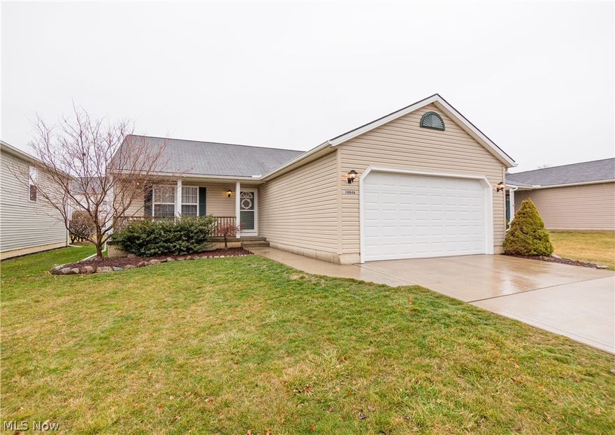 Welcome to the desirable Meadow Lakes Community of North Ridgeville! This meticulously well maintained and well cared for, move-in ready Ranch home boast 3 bedrooms, 2 full baths, 1240 sq ft.. Prepare to fall in love as you're warmly greet by the charming front porch and lush landscaping. The home features open concept living with high vaulted ceilings, gas fireplace and lots of natural sunlight. The eat-in kitchen has Stainless Steel Appliances, a large peninsula with additional eating space with updated cabinetry with under cabinet lighting and has ample counter space. Off the kitchen are sliders leading to a large paver patio, perfect for entertaining, and a storage shed. The master bedroom features dual closets, vaulted ceilings and an en suite bathroom. The additional 2 bedrooms are generously sized with ample closet space. The laundry room is conveniently located on the 1st floor and offers plenty of cabinets for storage. Brand New Garage Door and Opener. The basement offers load