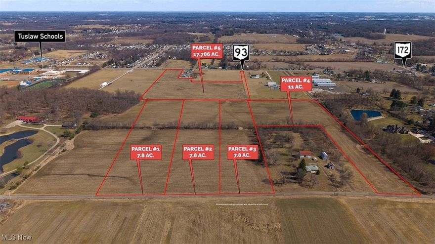 ATTN: Land Seekers, Builders, & Farmers, Exciting Real Estate Opportunity!
52 Acres Vacant Land to Be Offered in 5 Parcels, Desirable Location
Productive Farmland, Country Estate Parcels with Future Homesites.
Tuscarawas Twp., Stark County, Tuslaw School District. Live Auction with Online Bidding Available. ABSOLUTE AUCTION, all sells to the highest bidders on location. ONLINE BIDDING BEGINS WEDNESDAY, APRIL 16, 2025, at 12:00 PM, and AUCTION LIVE ON-SITE BIDDING WILL BEGIN SATURDAY, APRIL 19, 2025, 11:00 AM.
Real Estate. 52 acres of gently rolling open farmland. 924 ft. road frontage on Ben Fulton Ave., and 236 ft. frontage on SR-93. 
To be offered in 5 parcels.
Parcel #5: 17.8 acres of vacant land, ideal hobby farm or commercial use, no zoning. 236 ft. frontage on SR-93 Manchester Ave. 
Parcels will be offered bidder’s choice and as an entirety through the multi-par system and will be sold whichever way brings the most. Buy one or all. You decide! Land is a great investment you can watch the sunset on. Walk at your convenience. Bank financing available to qualified buyers. Call the auctioneer with any questions. For additional parcels, see MLS#'s 5109701(1, 2 & 3), 5109723(4) and 5109731(5).