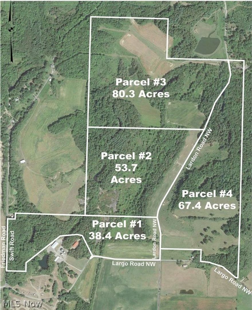 240 Acres Open and Wooded Hunting Land - Loads of Wildlife – Ponds – Offered In (4) Parcels Ranging From 38-80 Acres Each – No Zoning - ABSOLUTE AUCTION, all sells to the highest bidder on location: SATURDAY – MARCH 18, 2017 – 11:00 AM - Real estate offers 240 acres with over 6,300’ of road frontage. Open tillable land, wooded land, high rolling hill-top to low wetlands, ponds, deer and wildlife galore. Gas and oil rights were previously sold and do not transfer. Conveniently located 1 mile off State Routes 183/43. Divided as follows: PARCEL #1 – Approx. 38.4 acres land, 70% wooded with nice pond and frontage on 3 roads. PARCEL #2 – Approx. 53.7 acres of land per dominantly all wooded with low wetlands and strip cuts. Loads of wildlife! Frontage on Lardon Rd. PARCEL #3 – Approx. 80.3 acres, open tillable and wooded land. Strip cut pond. Frontage on Lardon Rd. PARCEL #4 – Approx. 67.4 acres open/wooded land. Fenced high-tensile pasture, high rolling hilltop with panoramic views. Note: L