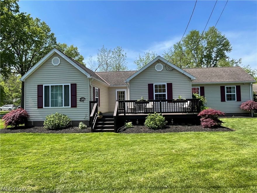 Well maintained ranch located on quiet street in prime location. Look no further for a family home or downsizing opportunity. Welcomed by a large deck and inviting front porch, step into the living room with custom vaulted beamed ceilings. Continue on into the updated eat-in kitchen where refrigerator, range, microwave all stay. In the basement find ample storage as well as plenty of room for laundry with the washer and dryer, both newer, that stay. Conveniently located 1/2 bath off of the hallway near the living room takes you back to large full bathroom completed with double vanity, Corian countertops and nice sized tub and shower. Two of the three large bedrooms have built in custom storage, window seating and double closets. Work from home or utilize the bonus room for whatever you need. Enjoy the oasis backyard with paver patio, fire pit, pool with solar cover and all chemicals as well as additional patio with table and chairs. Surrounded by privacy arborvitae, this backyard will sure to be a place of gathering and enjoyment for you and your family. Store cars and everything else needed in the large 2-car detached garage, with ample built in storage.