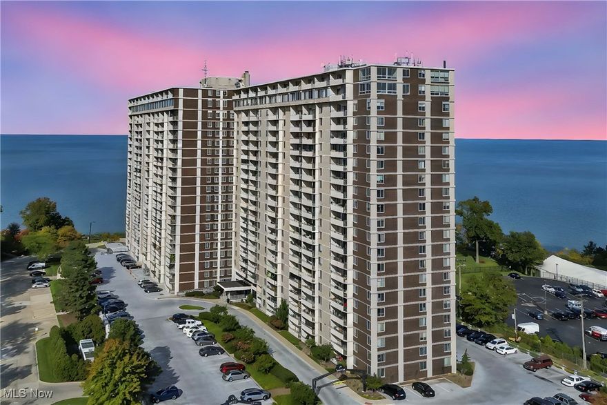 Contemporary one bedroom with unobstructed views of Lake Erie and downtown Cleveland.  Lovely balcony can be accessed from the living room/dining and from the bedroom.  Freshly painted, with luxury laminate wood flooring throughout.  White cabinetry and stylish stainless steel appliances including a gas stove make preparing meals a pleasure.  Full complement of amenities including an indoor and an outdoor pool, updated fitness center, game room, and much more.  Direct access to Summer Place Restaurant and on site convenient store/cafe.  24/7 reception desk.  Unit comes with one assigned parking space in the underground parking garage (B126) and a storage locker.  Close to everything Lakewood, downtown, University Circle and Cleveland Hopkins Airport.