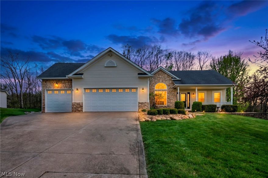 Exceptional ranch opportunity in the highly sought-after Emerald Lakes community! Beautifully upgraded home offers true one-floor living w/open floor plan, 3-car garage, expansive driveway, full basement w/walk-out staircase—situated on a magnificent .72-acre lot that is partially treed/thoughtfully landscaped for less maintenance. True nature lover’s/birdwatcher’s dream, best enjoyed from the raised custom deck w/Sunsetter awning. Step into the bright, welcoming foyer & immediately appreciate the spacious formal dining room w/vaulted ceiling & rich maple flooring. Inviting great room also features maple floors, volume ceiling, plus warm gas log fireplace—perfect for relaxing or entertaining. Well-appointed kitchen is a standout w/porcelain flooring, upgraded cabinetry, granite countertops, planning desk w/seamless flow into the eating area plus direct access to the deck overlooking the serene backyard. Private owner’s suite is thoughtfully positioned opposite the additional bedrooms w/includes walk-in closet & luxurious en-suite bath w/granite countertops, jetted tub/separate shower combo. Two additional bedrooms offer flexibility for guests, office, theatre room. Convenient first-floor laundry room includes cabinetry, sink, washer/dryer included. Full basement is ready for your finishing touches, already featuring a finished wine production room, partial drywall, garden windows, plumbing for future full bath, direct walk-out access to the backyard—offering excellent potential for added living space. Both front & rear yards showcase decorative ponds with beautiful waterfalls. Additional highlights include newer windows and a prime location near highways, shopping, and recreation. Transfer forces sale—don’t miss this rare opportunity!