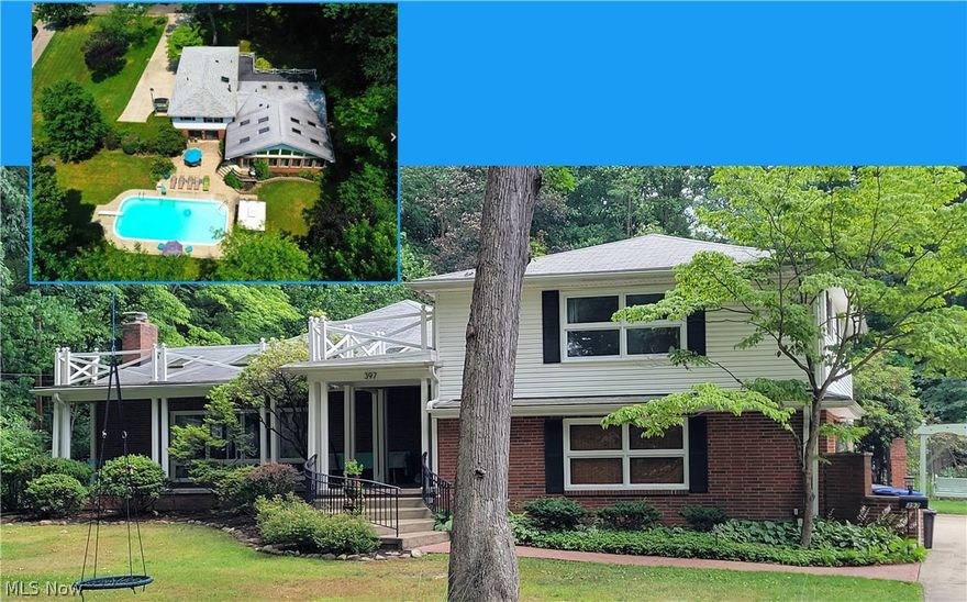 Larger than it looks, this Gorgeous, Mid-Century/Contemporary 4-level split is a one of a kind, must-see property. Quietly tucked away in your own private, serene oasis with an amazing backyard. "In the middle of the woods, near the middle of the city," Nob Hill sits just above the Cuyahoga Valley National Park, and Tow Path trails. As you enter the home, you're greeted by an open-concept fireplaced living area that flows seamlessly into the dining room and a central, vibrant kitchen. Fully updated kitchen is a chef's dream; including Reverse Osmosis system, plenty of soft-close cabinets, drawers and bright quartz counters, breakfast bar, and glass backsplash. Spectacular family room— vaulted ceilings, 8 skylights and walls of windows with abundant sun, all facing the trees. Easy access powder room off the kitchen. And if one family room isn't enough, enjoy another! Lower level is all about entertaining, opening to an incredible backyard. First-floor laundry, another half bath, driveway and garage access complete this level. Primary suite offers 2 closets and sleek, updated bath with walk in shower and double vanities. The other 3 bedrooms are good size, with ample closets and the 2nd full, updated bath includes double vanities. Huge basement rec room is highly adaptable - exercise room, hobbies, office, etc - with plenty of storage. The backyard is a private resort/paradise, perfect for relaxation and entertaining. The saltwater, heated, 42 by 18 foot inground pool, will be the center of your relaxation every summer. A giant patio allows for plenty of guests to sunbathe, play, and relax. Major improvements: New AC & laminate floors in family room & rec room - 2024; Pool heater and cover - 2022; Updated Kitchen and four bathrooms, hot water tank, glass block windows, new garage insulated doors, garage door opener - 2016, Kohler Generator added - 2012. Home warranty provided by the seller.  A piece of history is referenced in the supplements (so interesting).