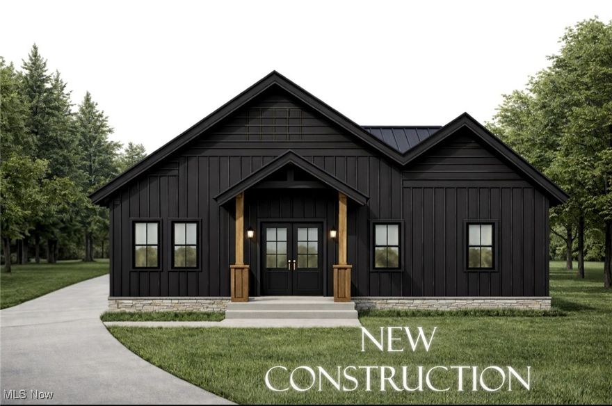 Under Construction – Modern Ranch on a Private Half-Acre Setting. Welcome to refined one-floor living in this thoughtfully designed 2,152 sq ft new-construction ranch, perfectly set back on nearly half an acre for privacy and tranquility. This home blends modern farmhouse style with high-end craftsmanship, offering both function and timeless appeal. Featuring 4 bedrooms and 2.5 bathrooms, this slab-on-grade home is built with 2x6 construction and upgraded insulation, delivering superior energy efficiency and durability. A striking metal roof and board-and-batten front elevation create immediate curb appeal, complemented by black windows and a dramatic 72” double entry door with 80” height clearance. Inside, the open-concept layout is highlighted by vaulted ceilings in both the great room and dining area, creating an airy, light-filled living space ideal for entertaining. The eat-in kitchen is equipped with brand-new appliances, quartz countertops, and sleek finishes that balance elegance with everyday usability. The private primary suite is a true retreat, featuring a spa-inspired bath with double vanity, water closet, walk-in shower, and a stunning 60” freestanding soaking tub. Throughout the home you’ll find luxury vinyl plank flooring, solid-core 8’ interior doors, custom wood closets, and matte black fixtures for a cohesive, modern aesthetic. Additional highlights include: Oversized 2-car garage with 8’ garage door, Tankless hot water system, Slab foundation for easy, accessible living, Premium finishes and attention to detail throughout. This exceptional new build offers privacy, efficiency, and elevated design—just minutes from town conveniences while surrounded by open space. A rare opportunity to own a brand-new, move-in-ready ranch in Columbia Station.
Still under construction—secure now and watch your dream home come to life.